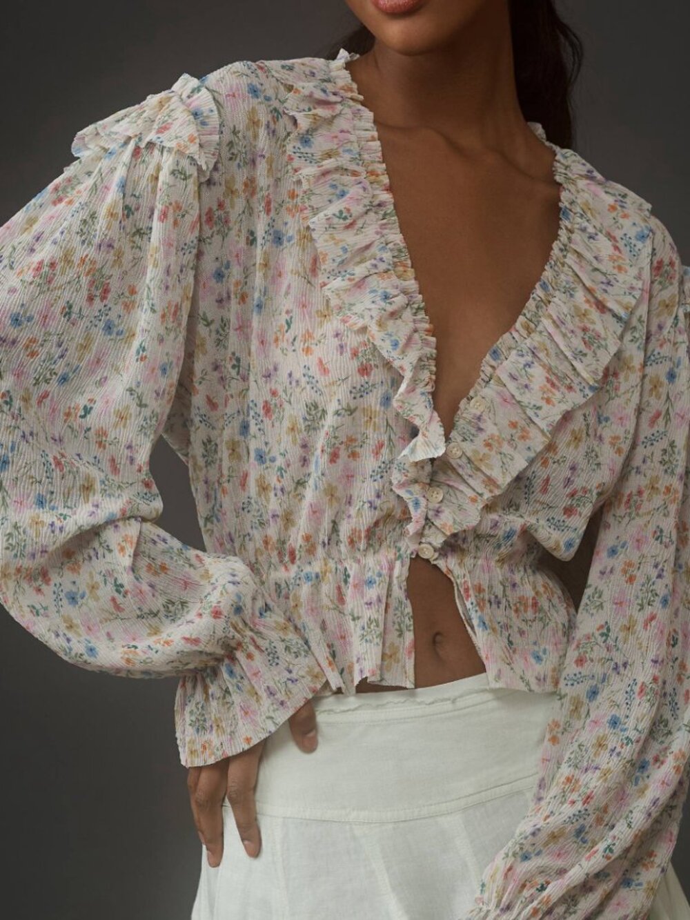 Anthropologie | Long-Sleeve Floral Mesh Ruffle Blouse	in Cream | Size Medium